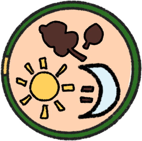 a sun and moon with an equals sign between them, with brown leaves above, on a light red background surrounded by a green circle with a gold segment on its right.